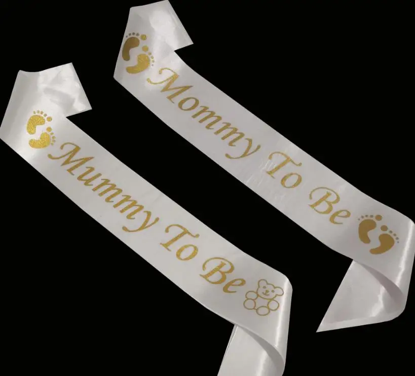 White Satin Baby Shower Sash Gender Reveal Decoration Daddy Grandma Daddy Mommy To Be Gold Glitter Lettering Bear Footprint