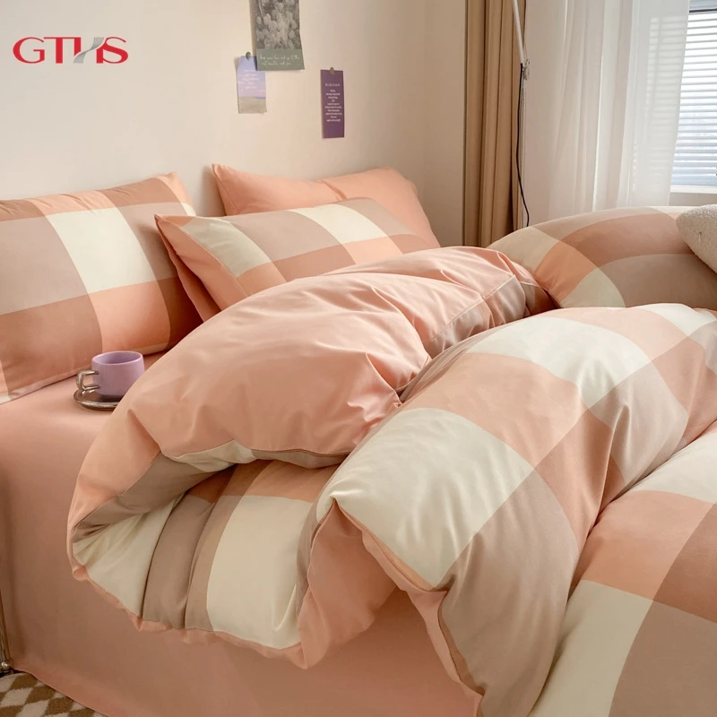Checkerboard Printed Pattern Woolen Skin-friendly Washed Bed Collections Bedding Bedspreads Comforter Set