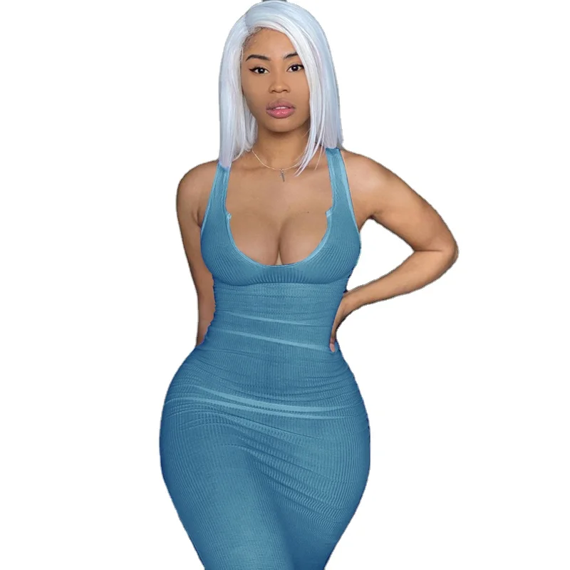2021 Sleeveless Solid casual dress club Ribbed Skinny knitted Maxi   Women Sexy tube dresses Summer