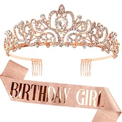 Elegant Princess Crown Birthday Girl Sash Crystal Crown Tiara Glitter Sash For Happy Birthday Girl Queen belt Tiara set
