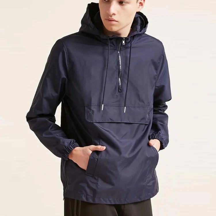 
custom pullover windbreaker men nylon half zip anorak jacket with front flap pocket drawstring hood with mesh lining 