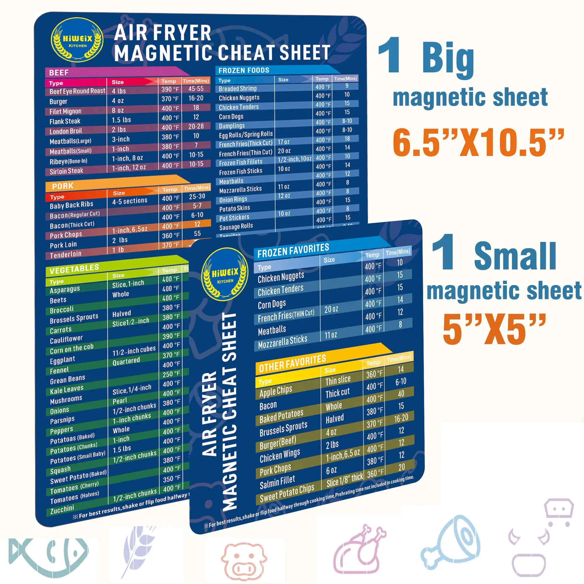 Air Fryer Magnetic Cheat Sheet Set Air Fryer Accessories Cooking Times Chart Air fryer Time Sheet Quick Reference Guide for Cook