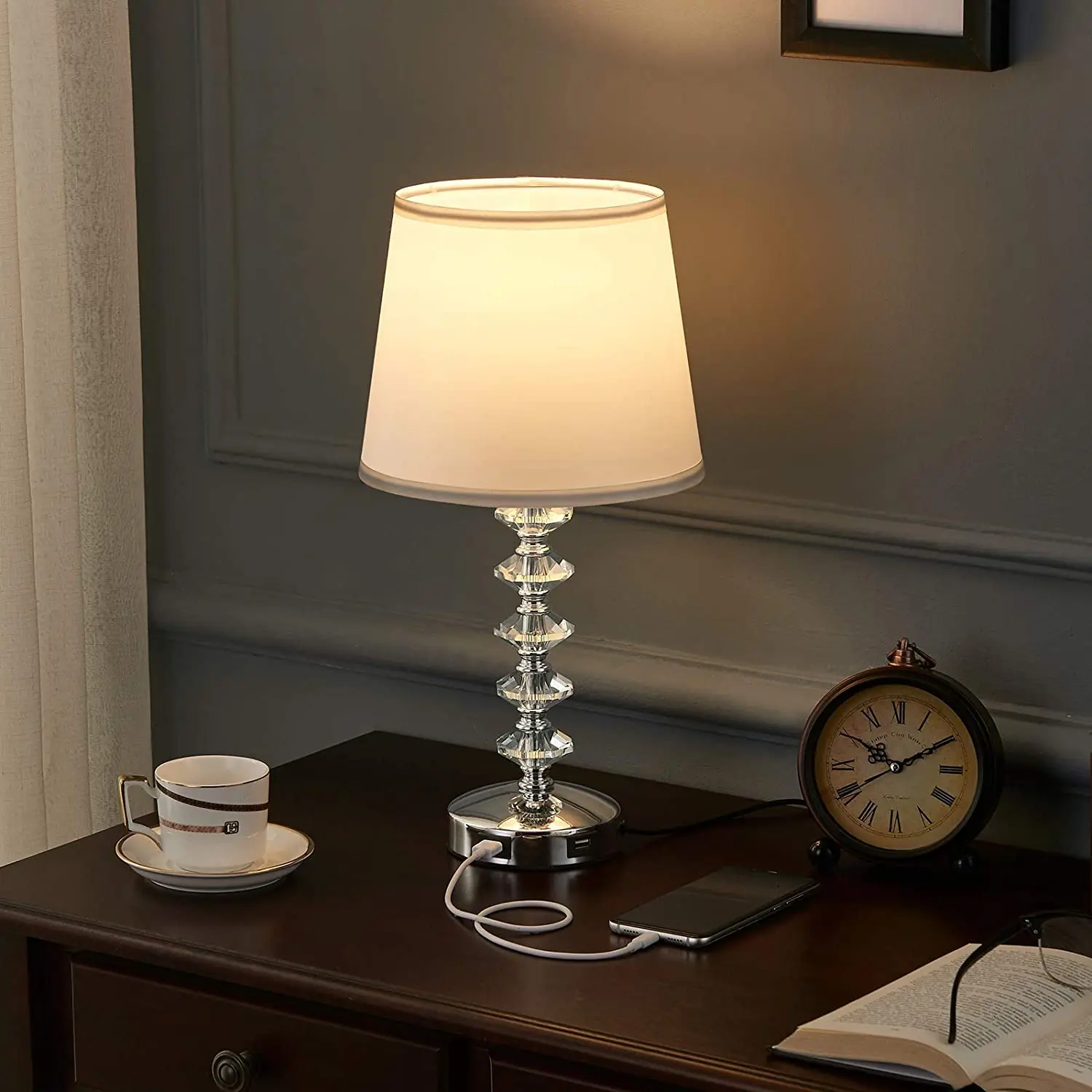 Touch Crystal Lamp for Bedroom with USB Ports White USB Bedside Table Lamp Nightstand Lamps