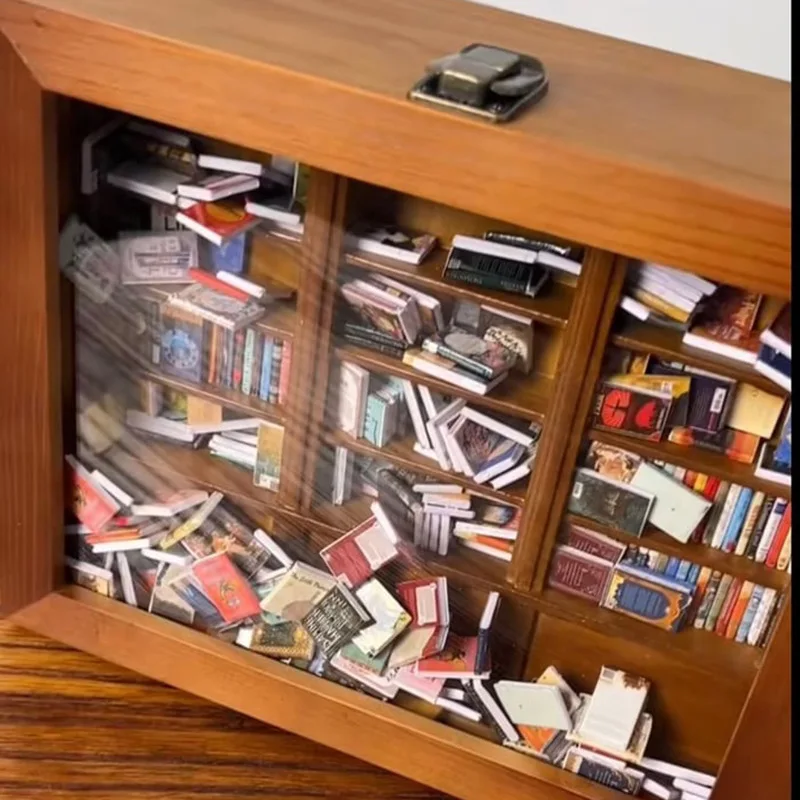 Cross-border new mini bookshelf, wooden grid, miniature shake book storage box, creative anti-anxiety and anti-stress toy