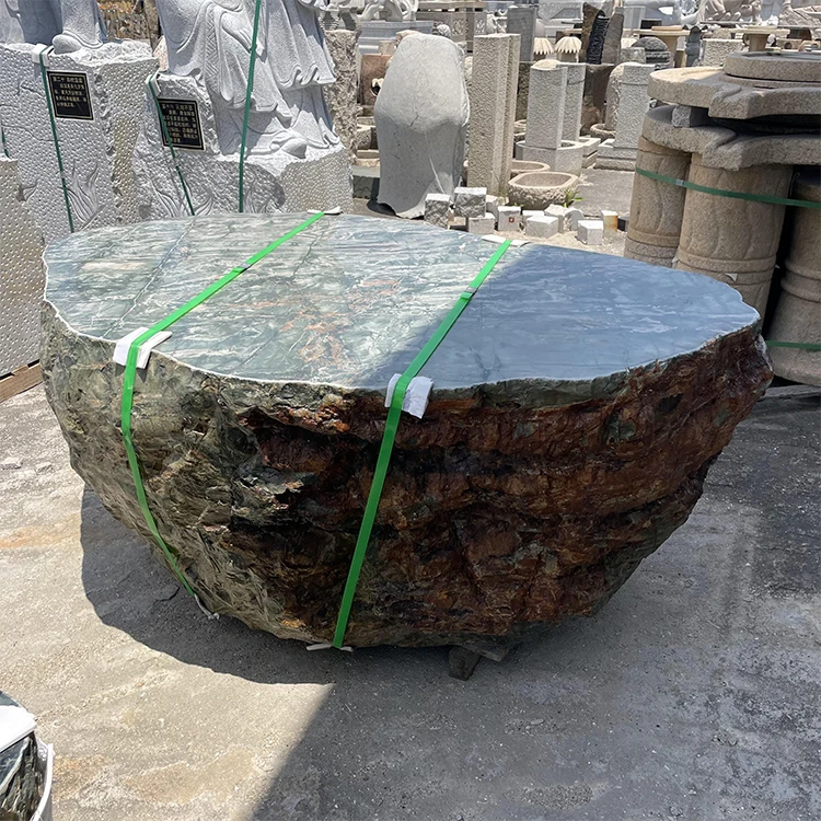 Outdoor Natural Green Rock Stone Sculpture Customized Size Table Stools For Sale