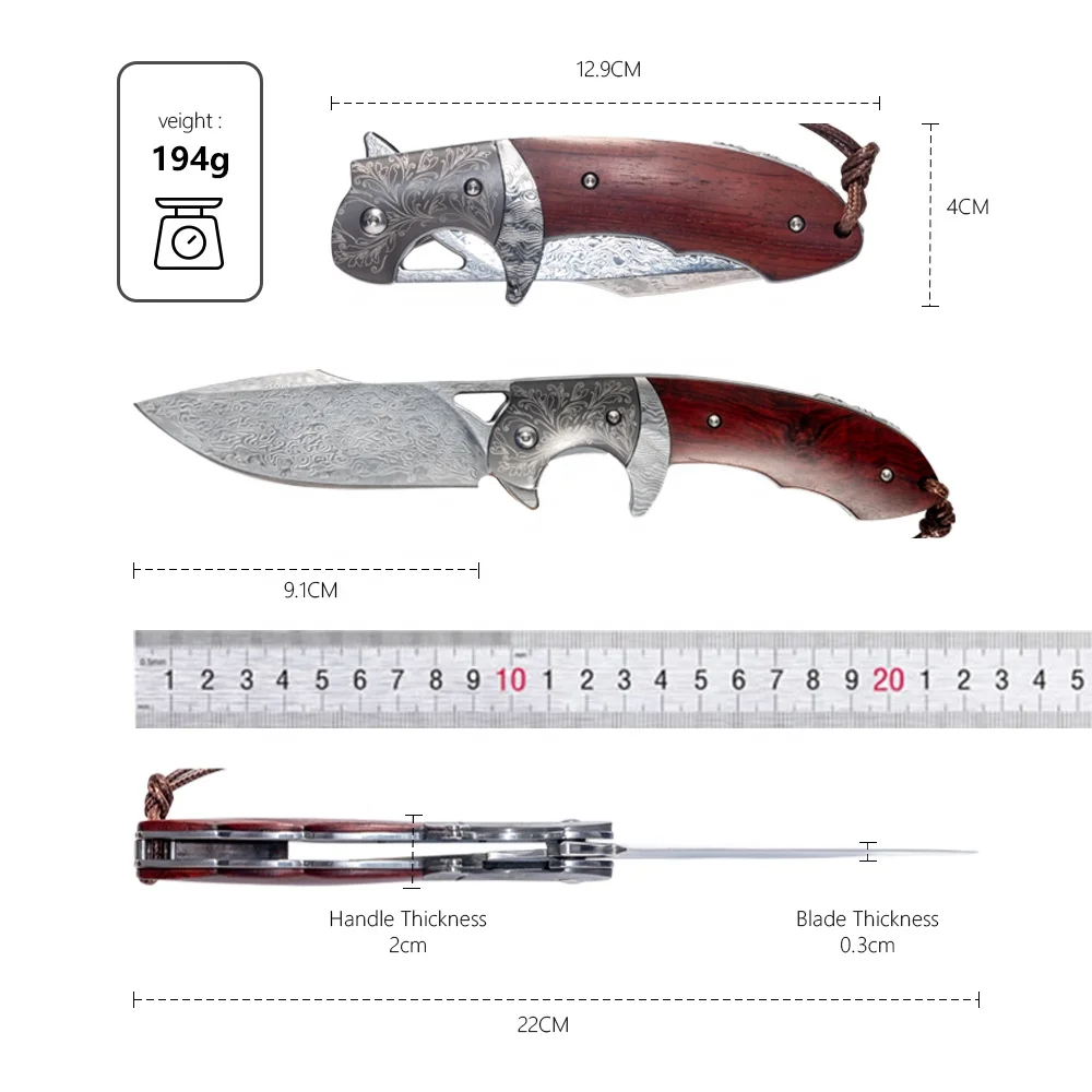 2024 New Damascus Hunting Knife VG-10 Steel Core 73 Layers Damascus Blade Natural Rosewood Handle with Lock Pocket Knife