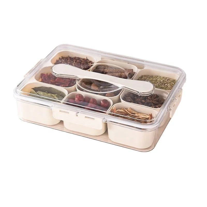 Clear Plastic 9 Compartment Organizer Box  for Seasoning Spice Storage Tray with Lid and Handle Snack Containers Fruit Platters