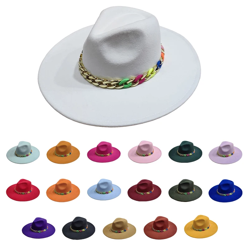 Two Tone 9.5cm Wide Brim Felt  Fedora hats Wholesale High Quality Panama Hat with Multi Color Chain Buckle Decor Jazz Cap Hats