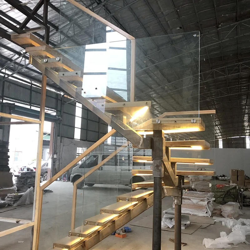 VIKO 2023 New Design Wood Tread Mono Stringer Staircase With LED Lights