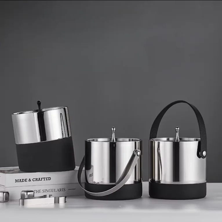 Wholesale custom double wall luxury stainless steel wine beer champagne cooler ice bucket with handle non slip silicone bottom