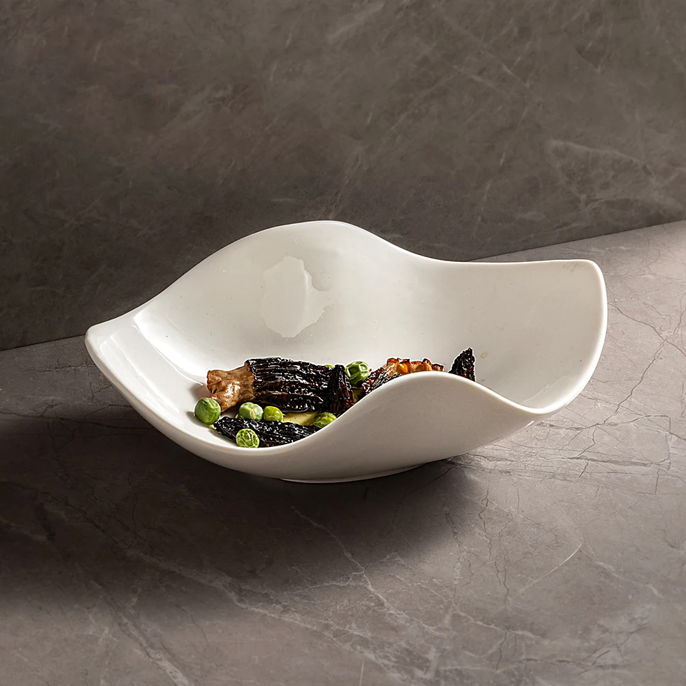 Pure White Ceramic Irregular Bowl For Restaurant Hotel Fine Dining Tableware Supplier Contemporary Design Porcelain Serving Bowl