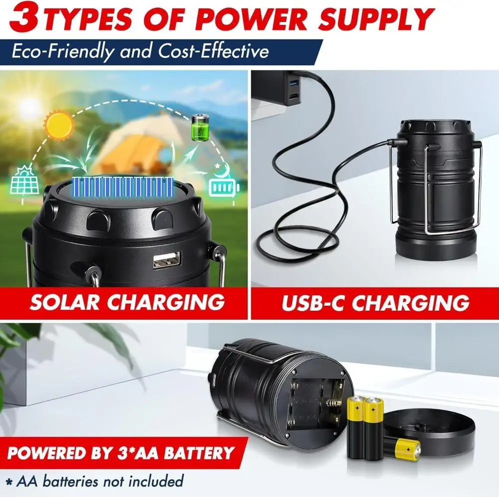 Solar USB Rechargeable 3 AA Power Brightest COB LED Camping Lantern For Tent Collapsible Emergency LED Light