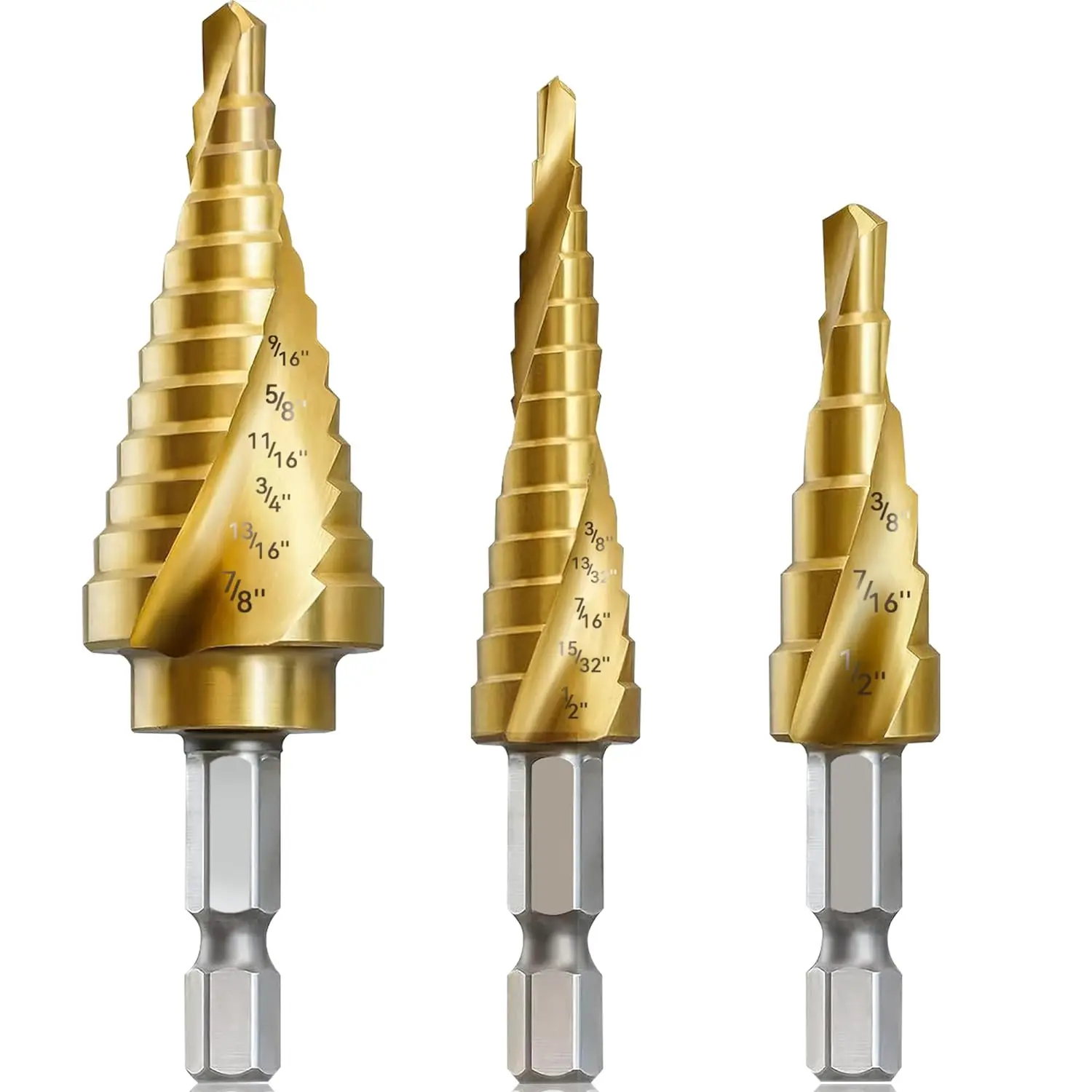 HSS 4241 Sprial type Step Drill Bit Set Titanium-Coated with Automatic Center Punch - Short Length, Double Cutting Blades