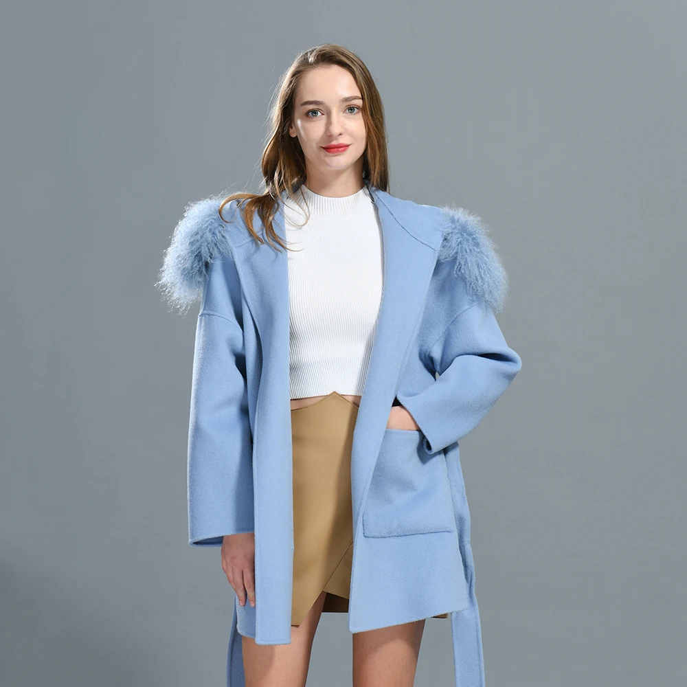 New Trending Fashion Winter Plus Size Wool Cashmere Mongolian Fur Coat Women Cashmere Coat Fur Collar