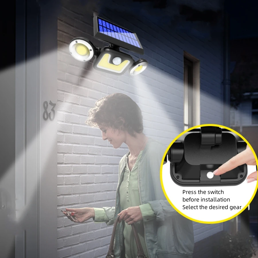 Outdoor Solar Garden Lights Waterproof 3 Adjustable Heads 270 Wide Angle 83COB Solar Light Body Sensor Wall Lamp