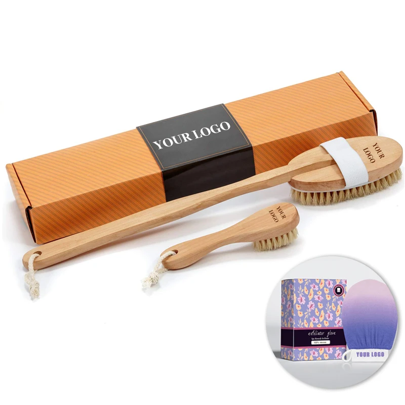 Natural Wooden And Boar Bristle Dry Body Cleaning Brush bath brush And Massage Set With Custom Logo