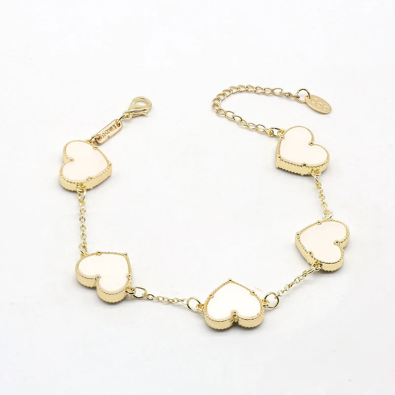 Stock gold plated double sided love heart shape bracelet jewelry adjustable acrylic leaf clover bracelet for women