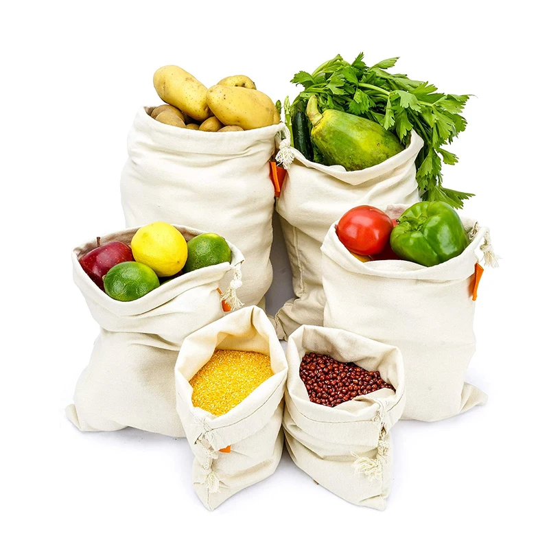 BSCI Factory Eco Friendly  Unbleached Reusable Organic Cotton Muslin Drawstring Produce Bag