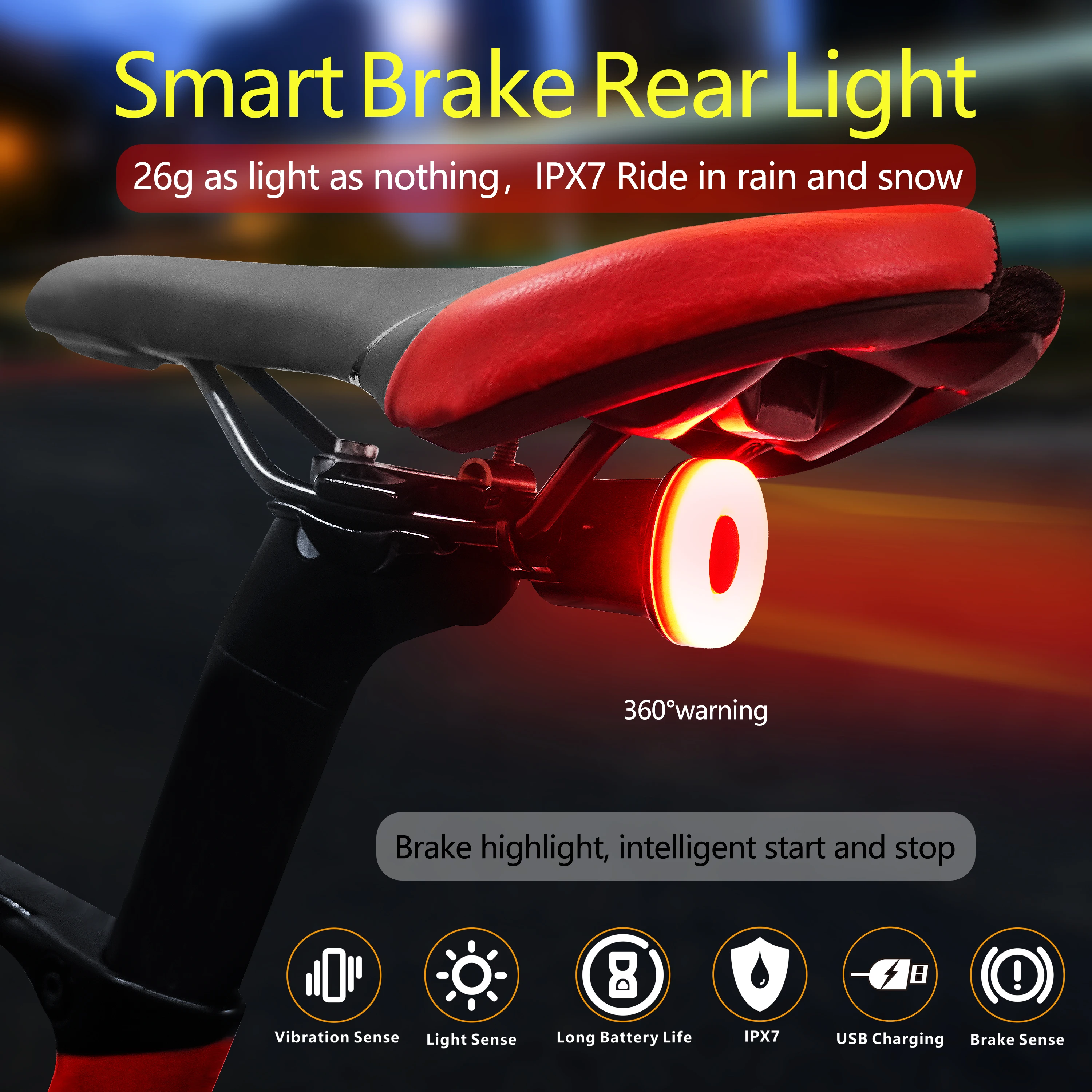 Smart Brake Sensor Warning Light Waterproof IPX7 Cycling Rear Light Bike Tail Light