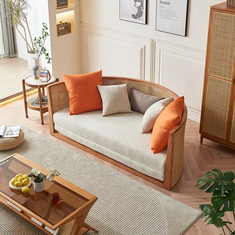 190cm Wabi-sabi style double sofa bed folding arc bed solid wood rattan sofa bed