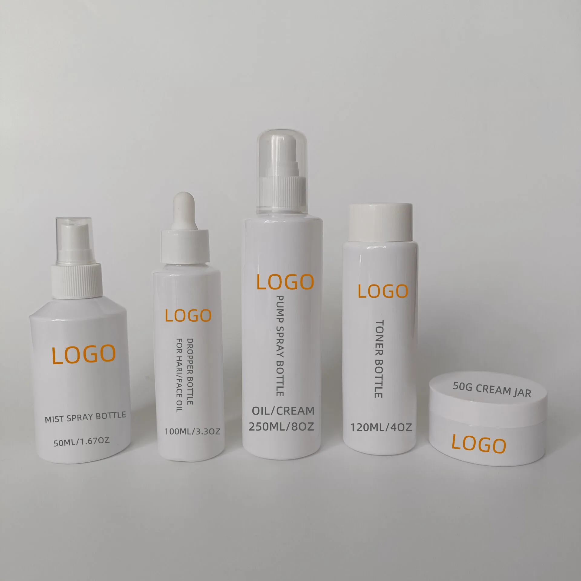 Add logo fast delivery flat shoulder plastic white facial cleanser cosmetic skincare toner water mist spray bottles and jars set