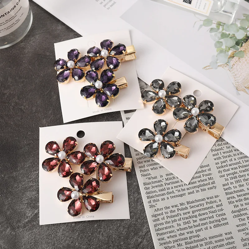 New rhinestone pearl flower barrettes colorful petals bang clip hair accessories