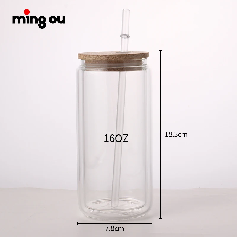 Customized 16oz reusable blank water cup glass beer can with bamboo lid and straw