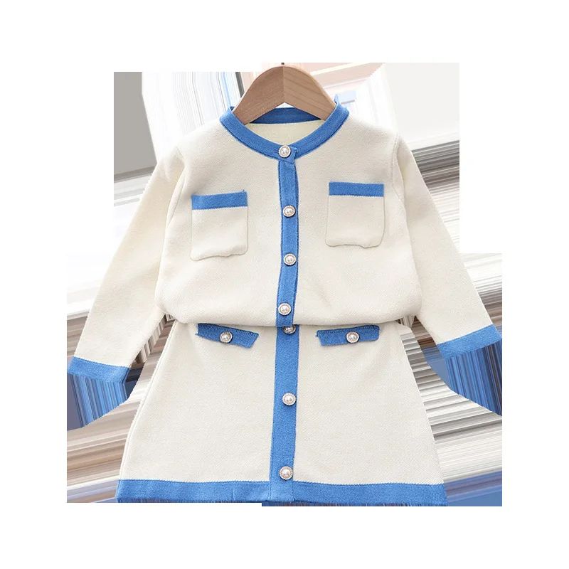 Autumn Toddler Baby Kids Girls Clothes Sets Long Sleeve Knit Tops Sweater+button Mini Skirt Warm Outfits Sets