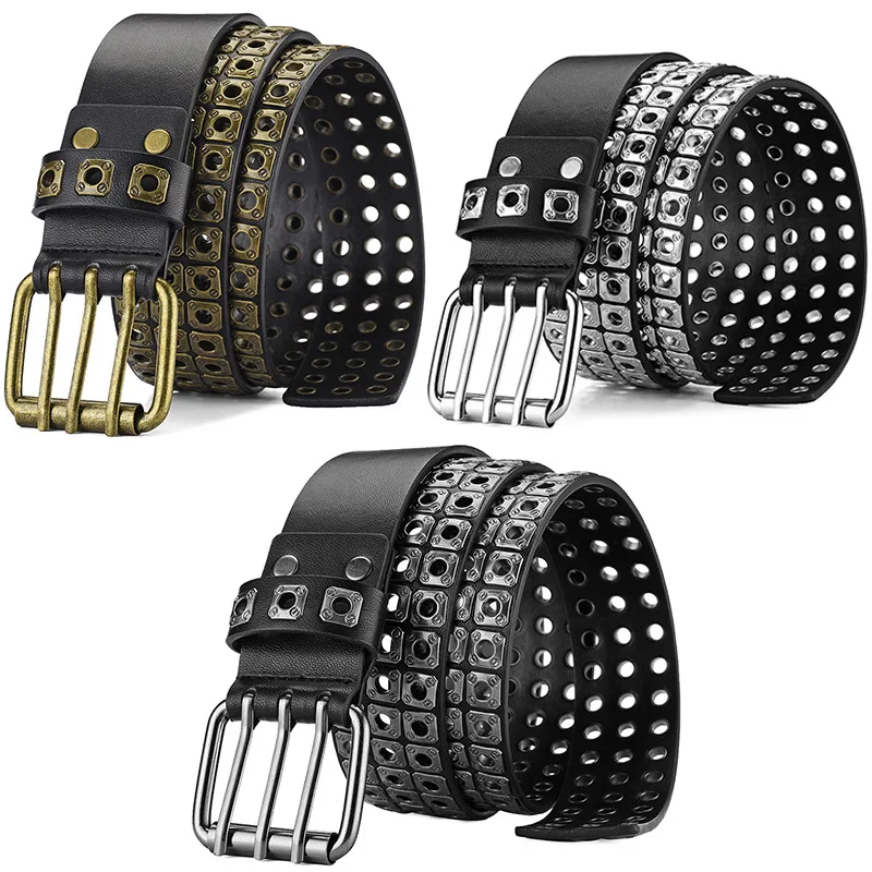 Triple Prong Buckle Ladies Punk Fashion Pu Leather Women Studded Belts For Jeans