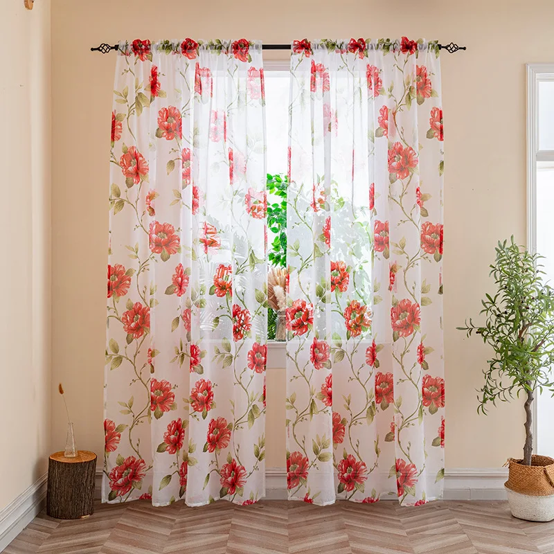 Amity Breathable Fluttering Flower Butterfly Printed Windows Curtains Bedroom Perforated Sheer Curtains For Home Living Room
