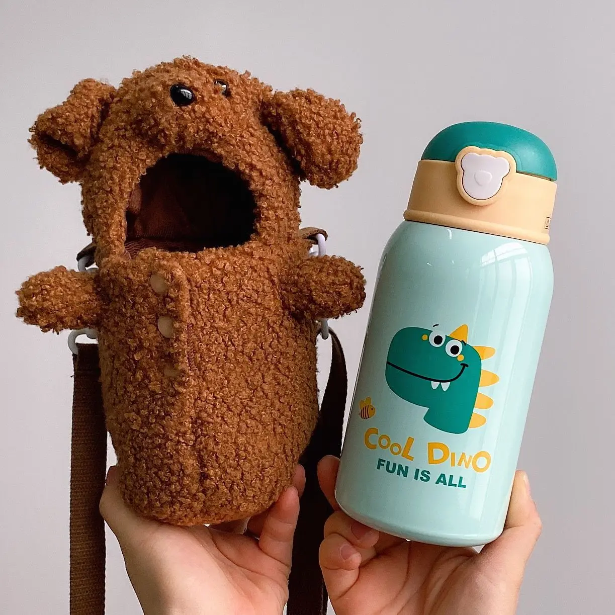 Cute Cartoon Stainless Steel Kids Water Bottle with Plush Sleeve