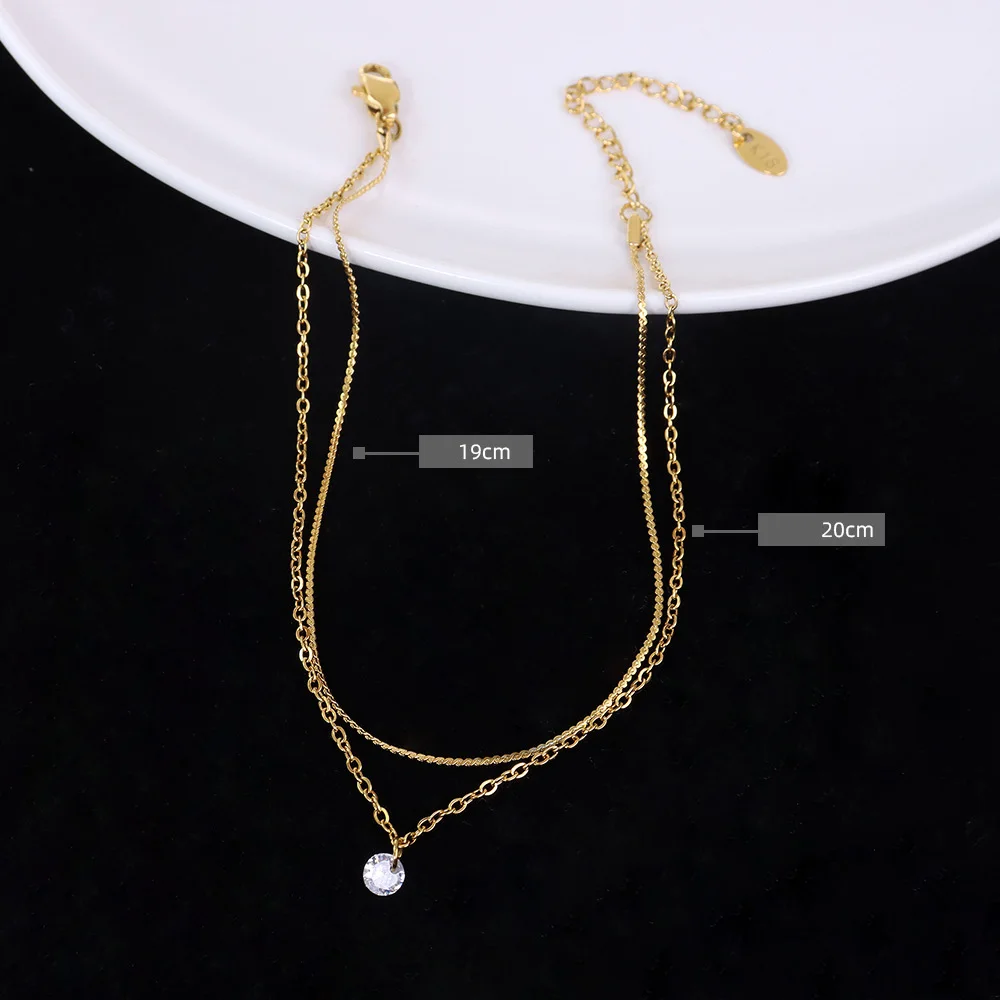 Jachon Simple Double Layered 18k Gold Plated Stainless Steel Link Chain Single Zircon Anklet 18K Gold Bracelet for Women Jewelry