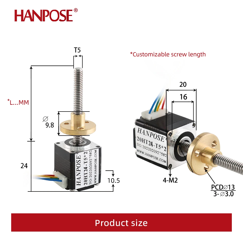 hanpose 20 stepper motor T5 screw stepmotor screw 20HT24-T5*2  50MM 0.01n.m For game machines screw trapezoid mini motor nema 8