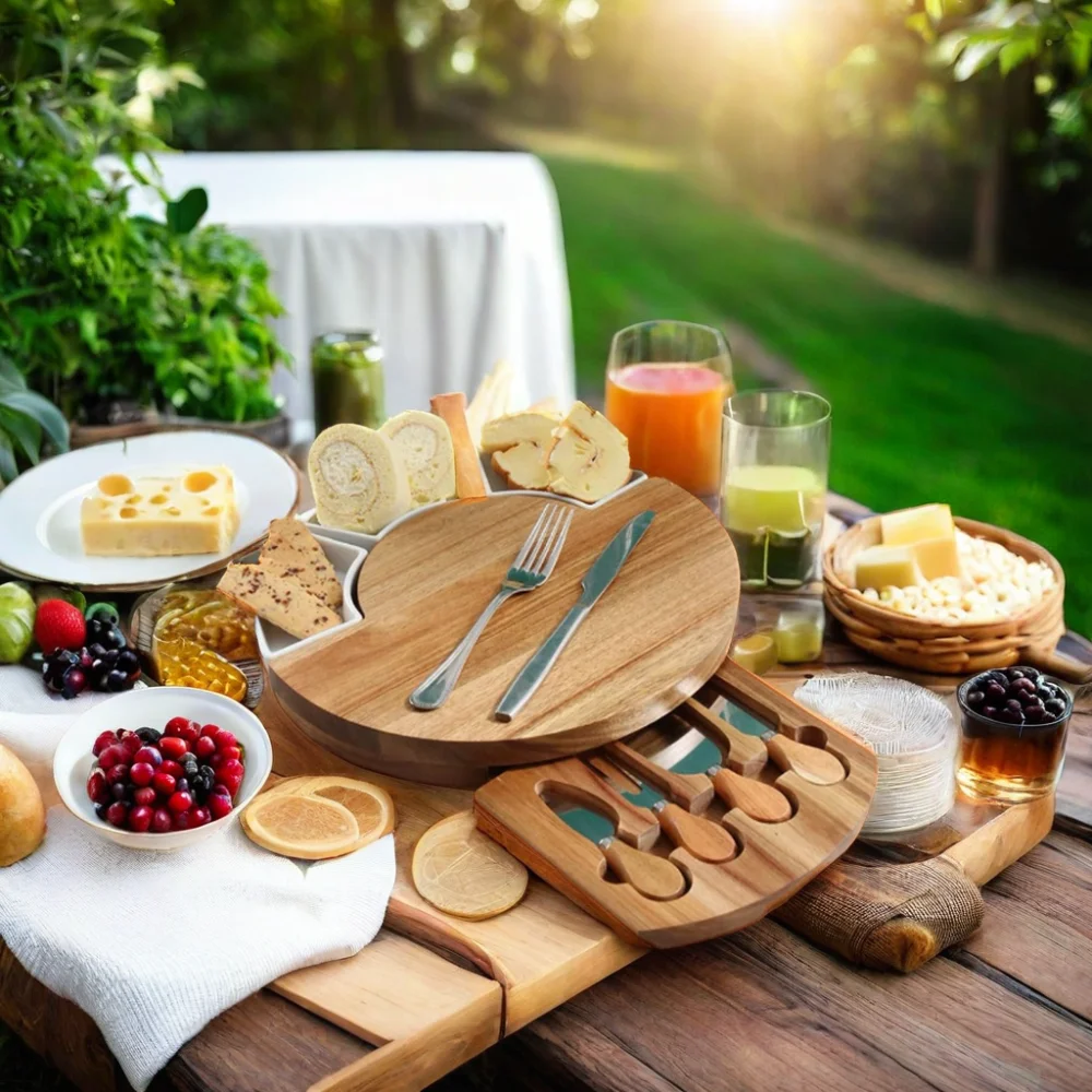 Cheese Board Set Hidden Drawers Food Serving Charcuterie Board Bamboo Cheese Board With Knife Set