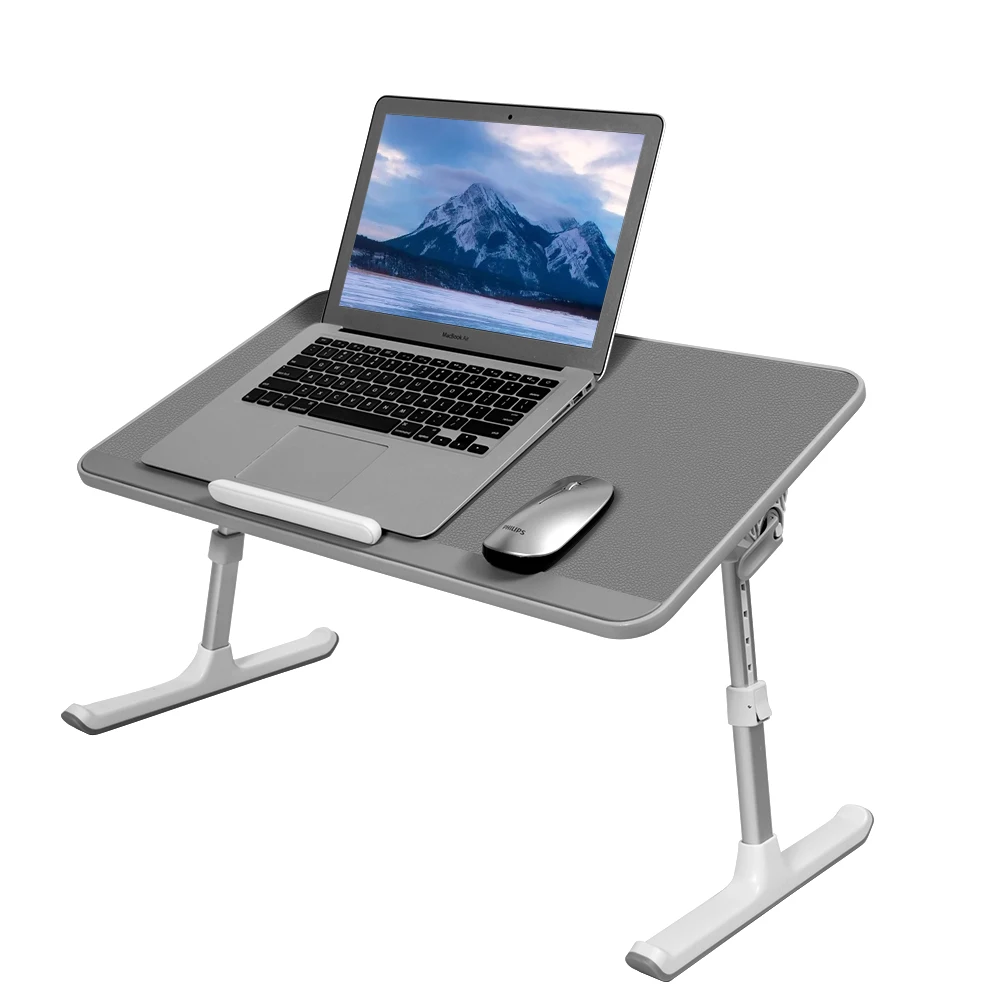Adjustable Computer Tray Laptop Stand with Anti-slip Leather Removable Stopper Book Stand and Drawer- Grey Laptop Desk for Bed