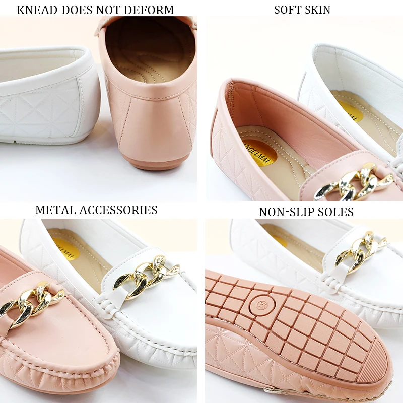 New Ballet Flats Loafer Woman Shoes Ladies Casual Leather Chain Buckle Decorated Round Toe Soft Sole Wave Pattern Comfort Shoes