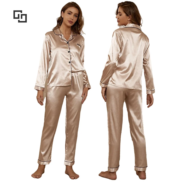 Luxury Letter Embroidery Piping Trim Solid PJs For Custom OEM Women Silk Satin Pyjamas Set