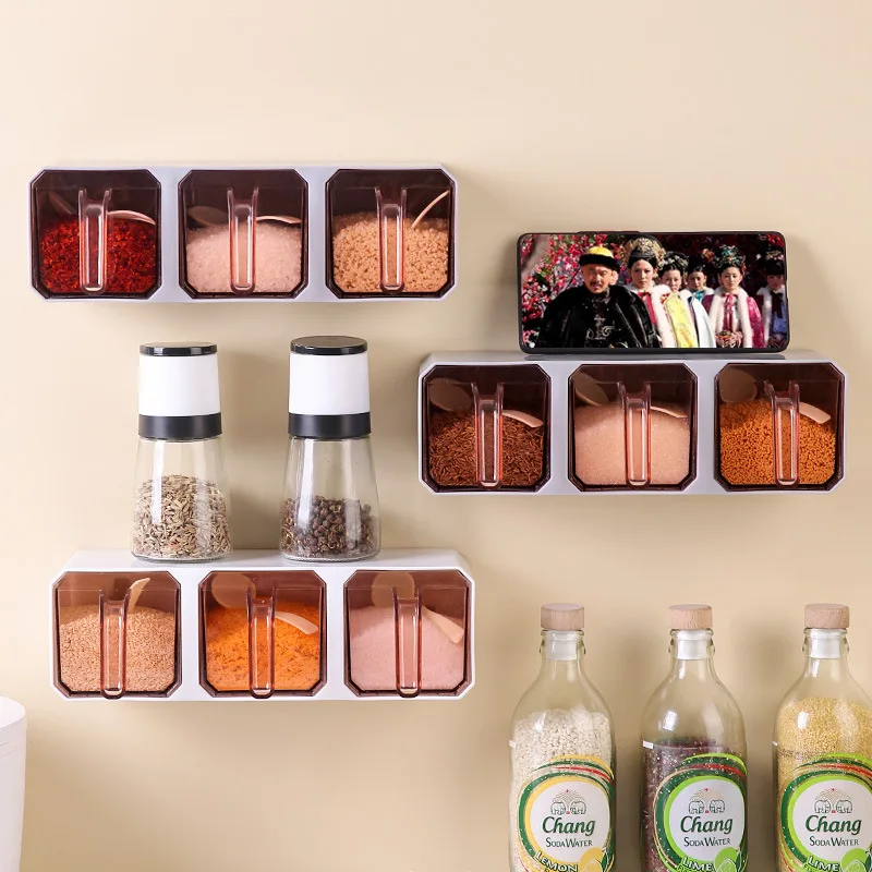 Seasoning Box Wall Mounted Kitchen Set Multifunctional Storage Box Salt Jar Msg Pepper Seasoning Storage Rack