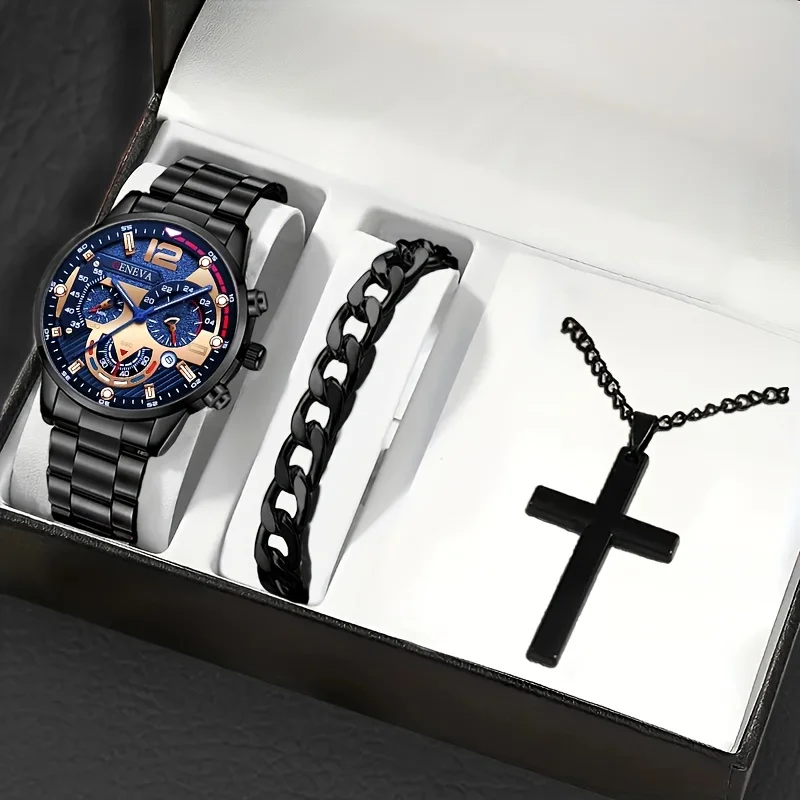 NW1501 Fashion Mens Business Stainless Steel Calendar Watches & Silvery Bracelet Cross Pendant Necklace