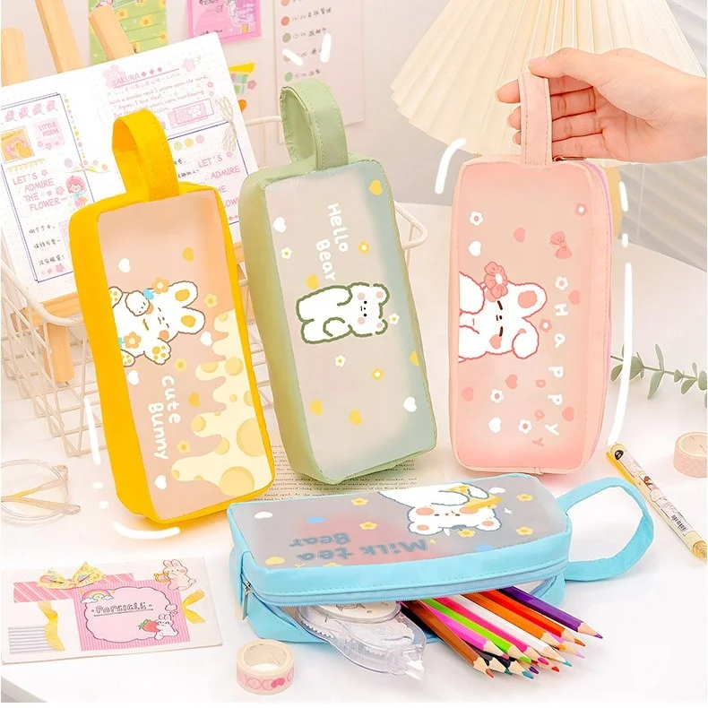Large capacity kawaii cute transparent pvc clear pencil case bag for children