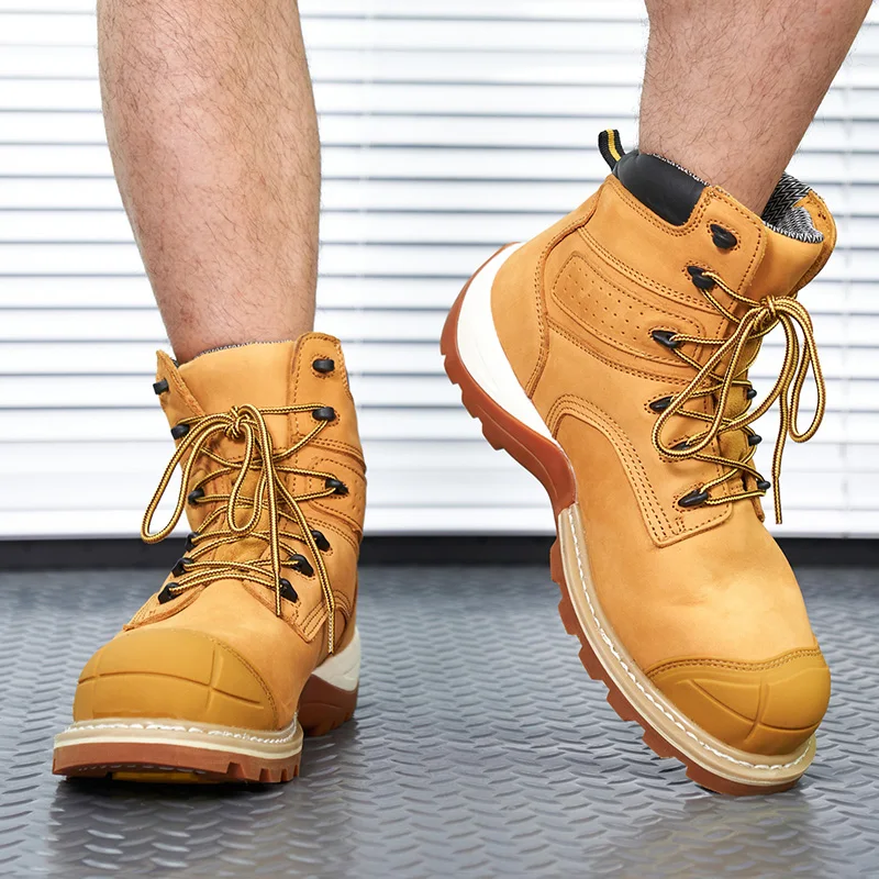 OEM Goodyear nubuck leather safety boot yellow ,  durable  industrial work boots men, heavy duty middle cut goodyear wook boots