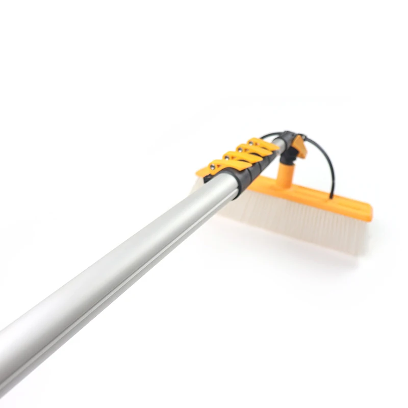 Solar panel cleaning system with wiper squeegee water fed pole brush set