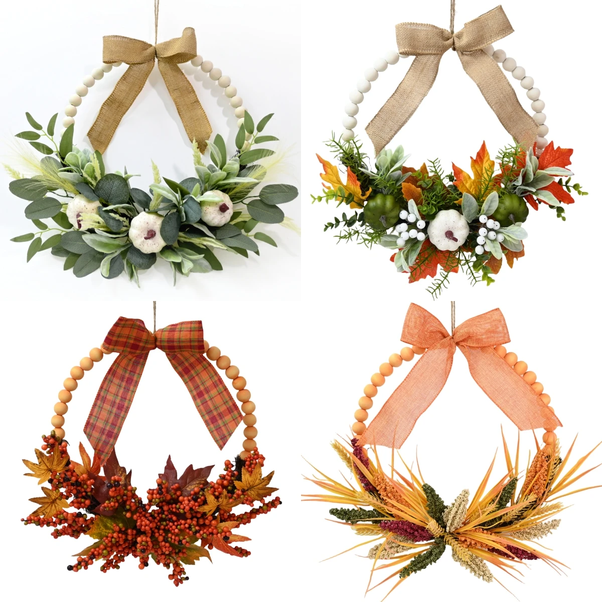 16 Inch Green White Pumpkin Wooden Bead Hoop For Farmhouse Hanging Wreath Door Sign Decoration