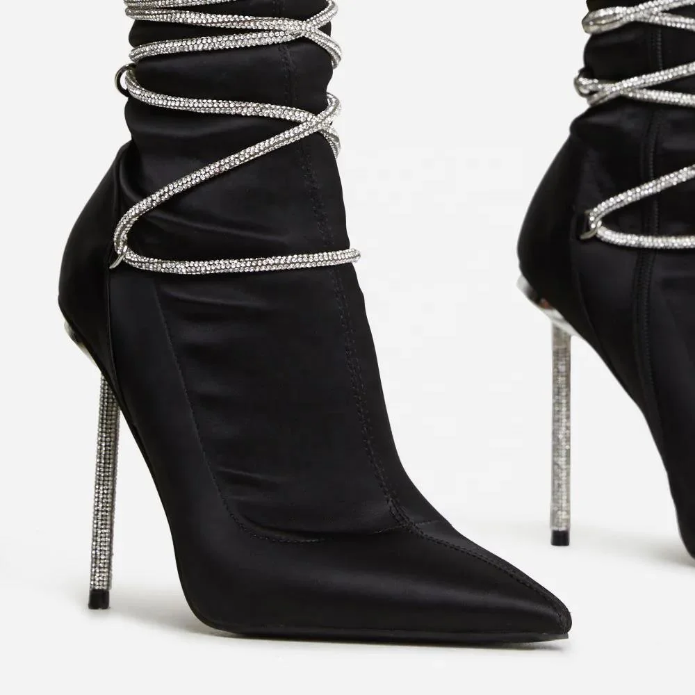 black strap diamond stiletto heel pointed  toe  lycra ankle sock dress boots  for women and  laddies women ankle boots