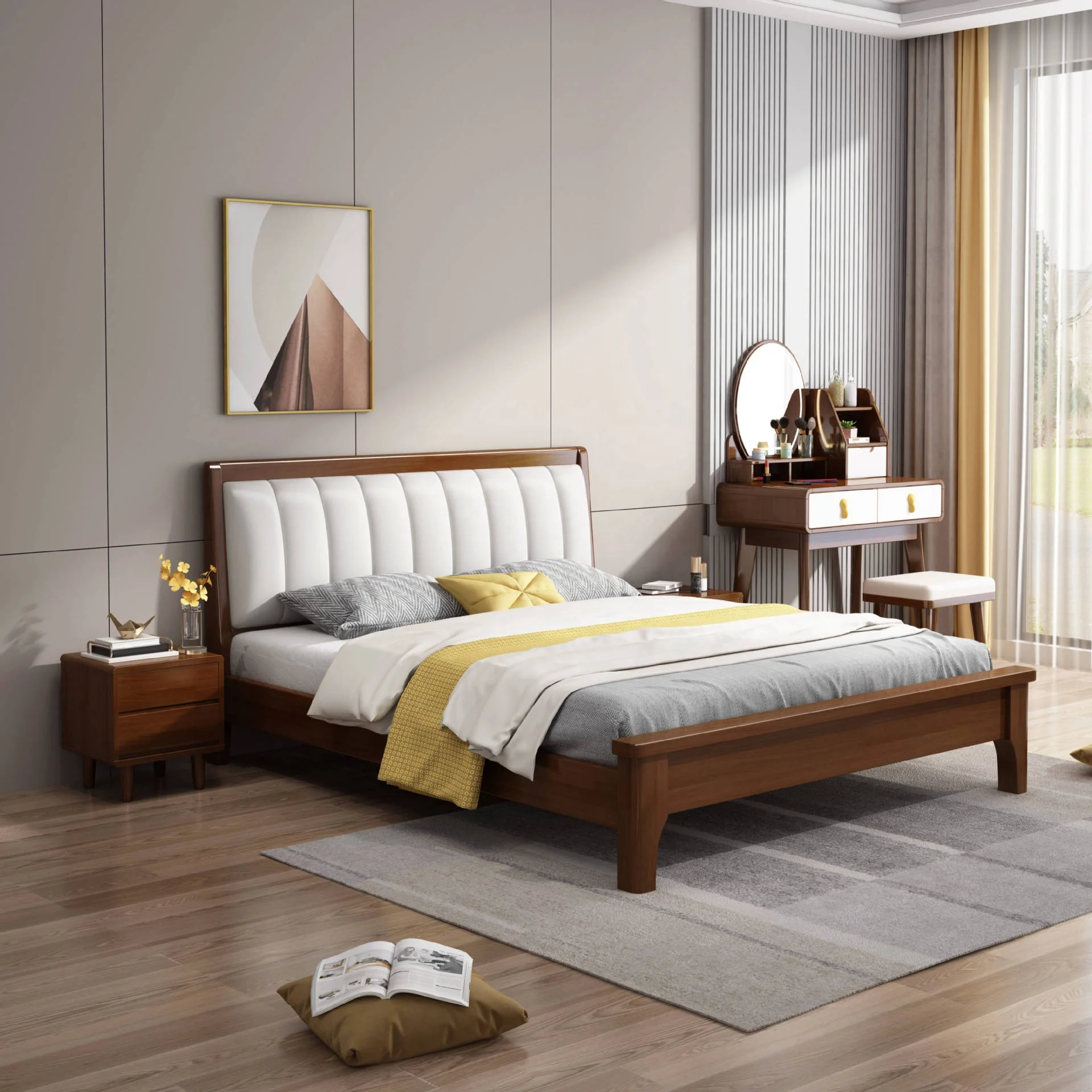 Nordic California Wooden Beds Fabric Solid Wood Frame Queen Size Up-holstered Beds