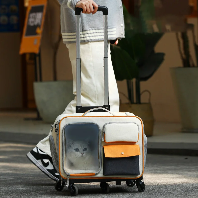 Portable Excursion Street Pet Trolley Case Luggage Dog Bag Large Capacity Outing Travel Mesh Cat Pet Backpacks With Wheels