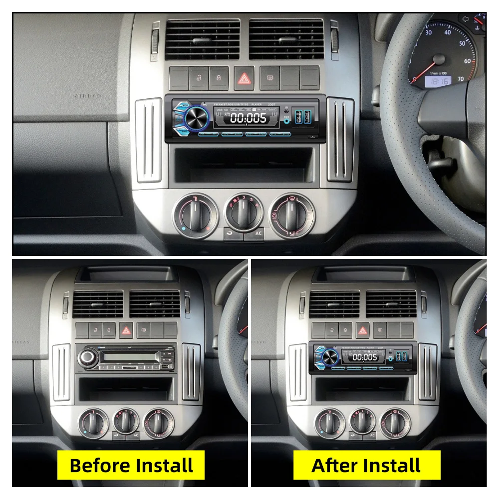 Car Radio MP3 Player 1 Din Removable Panel Stereo Radio FM BT EQ USB AUX Remote Control Colorful Lights