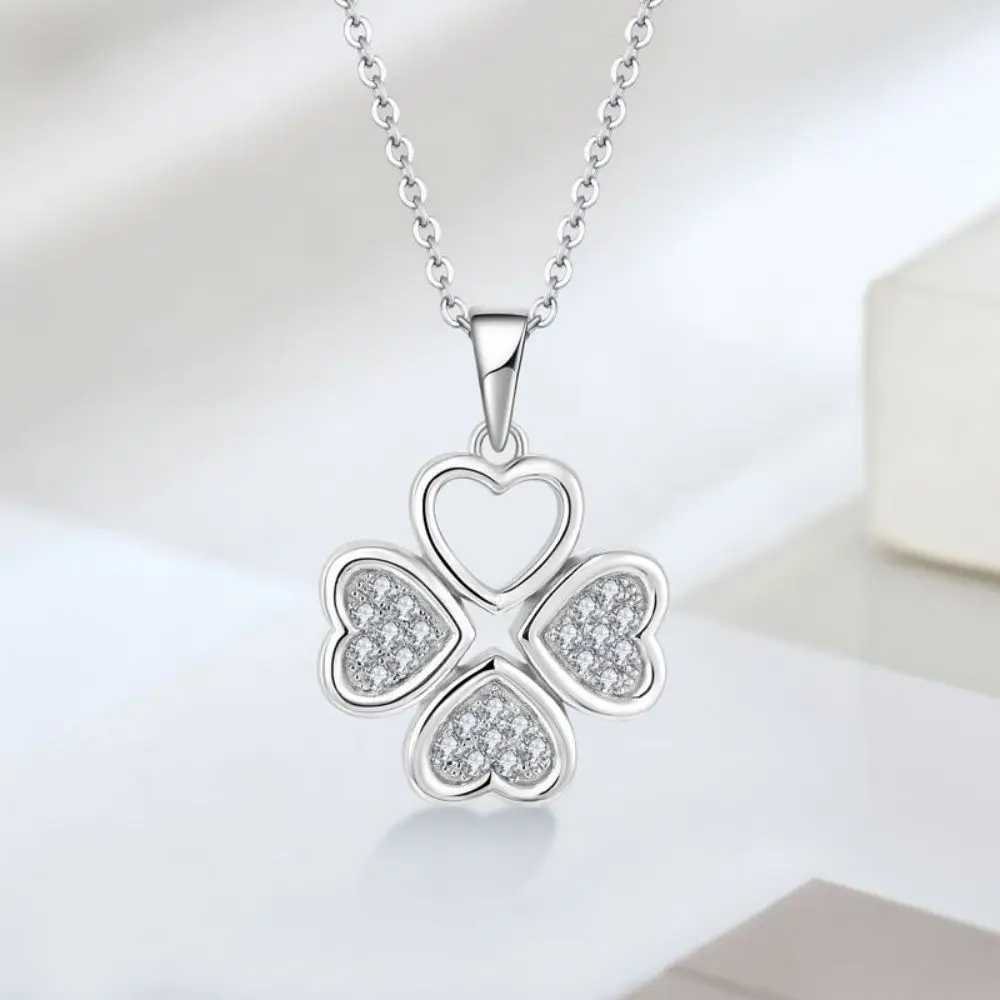 Beautiful 925 Sterling Silver Pendants 3A Cubic Zirconia Rhodium Plated Four Leaf Clover Love Heart Necklace Pendant