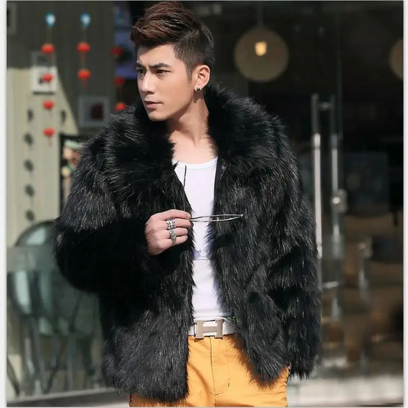 Men Fuzzy Solid Black Faux Fur Jacket Warm Plain White Grey Fuchsia Winter Fox Fur Coat