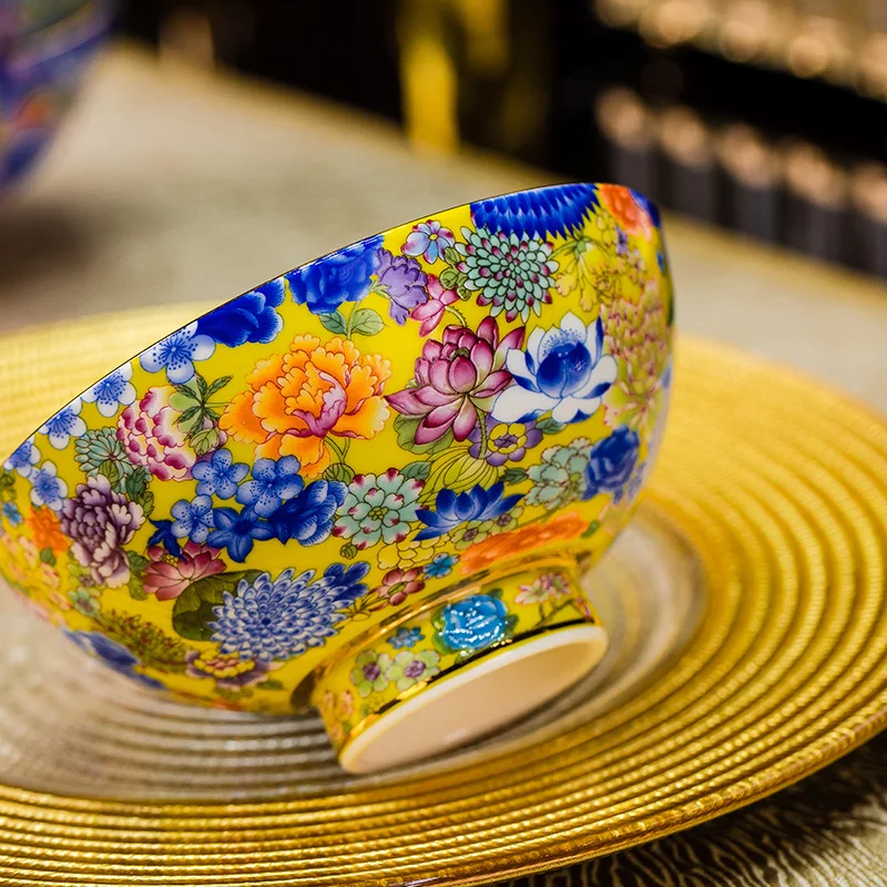 5 inch bucket color million flower hat creative instrument type high-density anti-hot enamel bowl Gold Rim million flower bowl